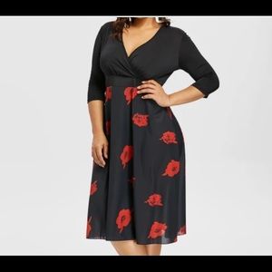 Plus size black and red rose floral print 5XL dress